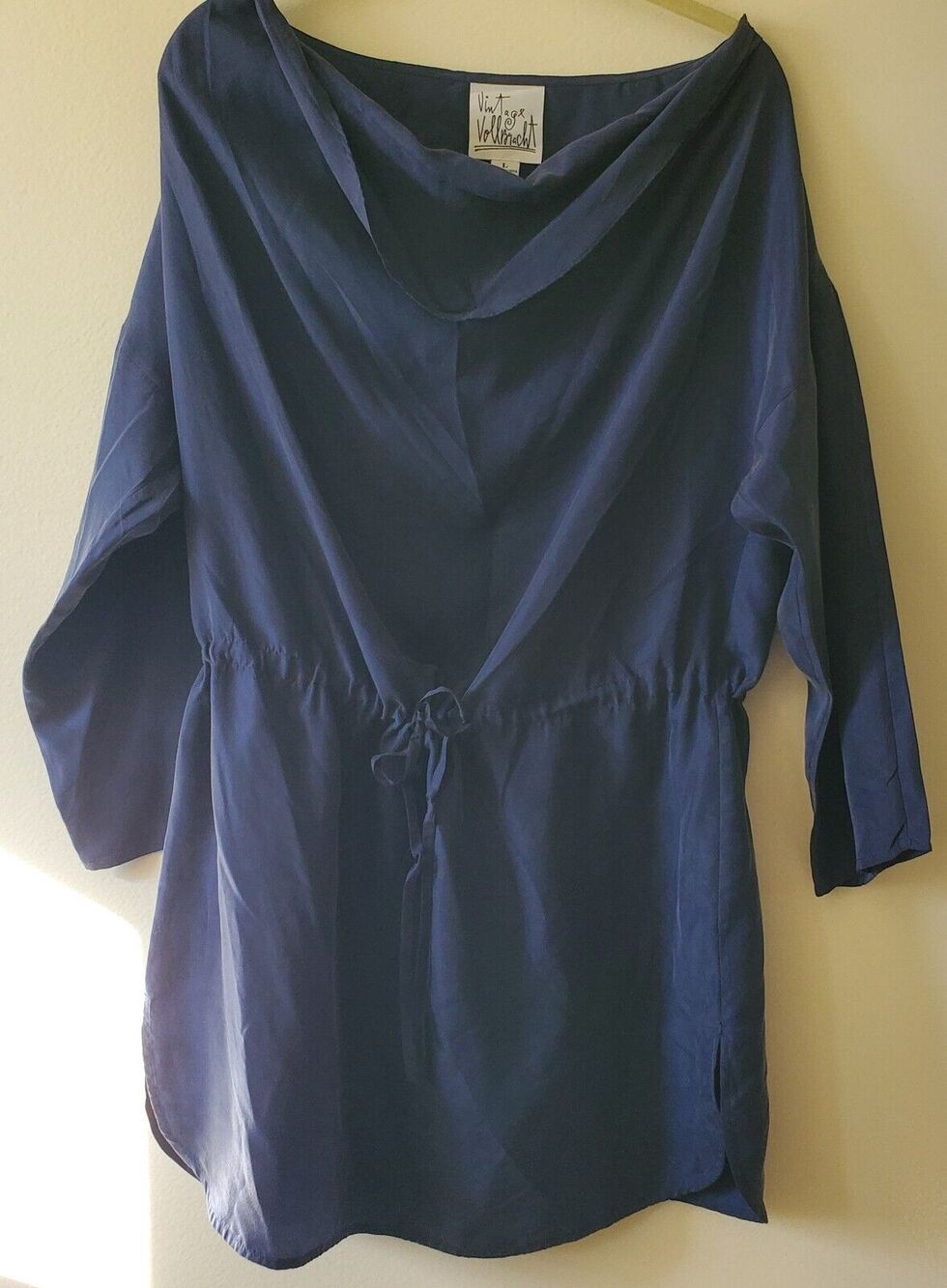 Vintage Vollbracht Womens L Silk Dress Tunic Drawstring Waist Casual Navy Blue